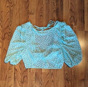 Unique21 Puff Sleeve Tie Back Blouse in Sage Green and White, Size 10